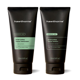 Hawthorne Everyday Men's Skin Care Kit box front shows packaging for a daily routine.