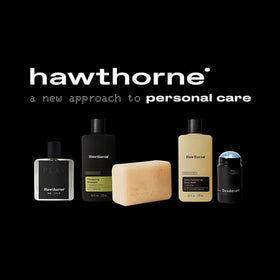 Hawthorne skincare kit displayed on bathroom shelf.