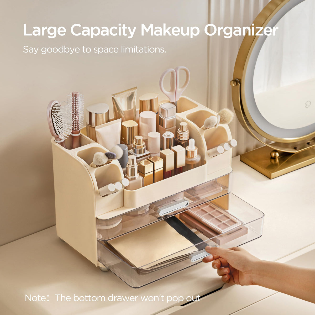 HBlife drawer storage supports lipstick, nail polish, and small skincare items.