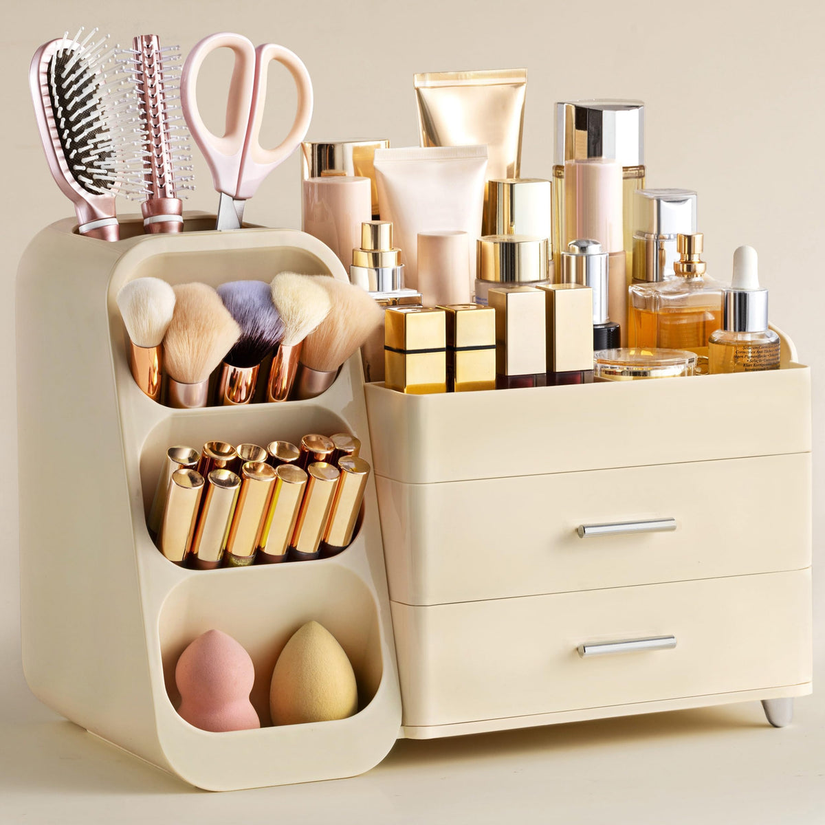 HBlife makeup organizer with large capacity and beige finish for easy item access.