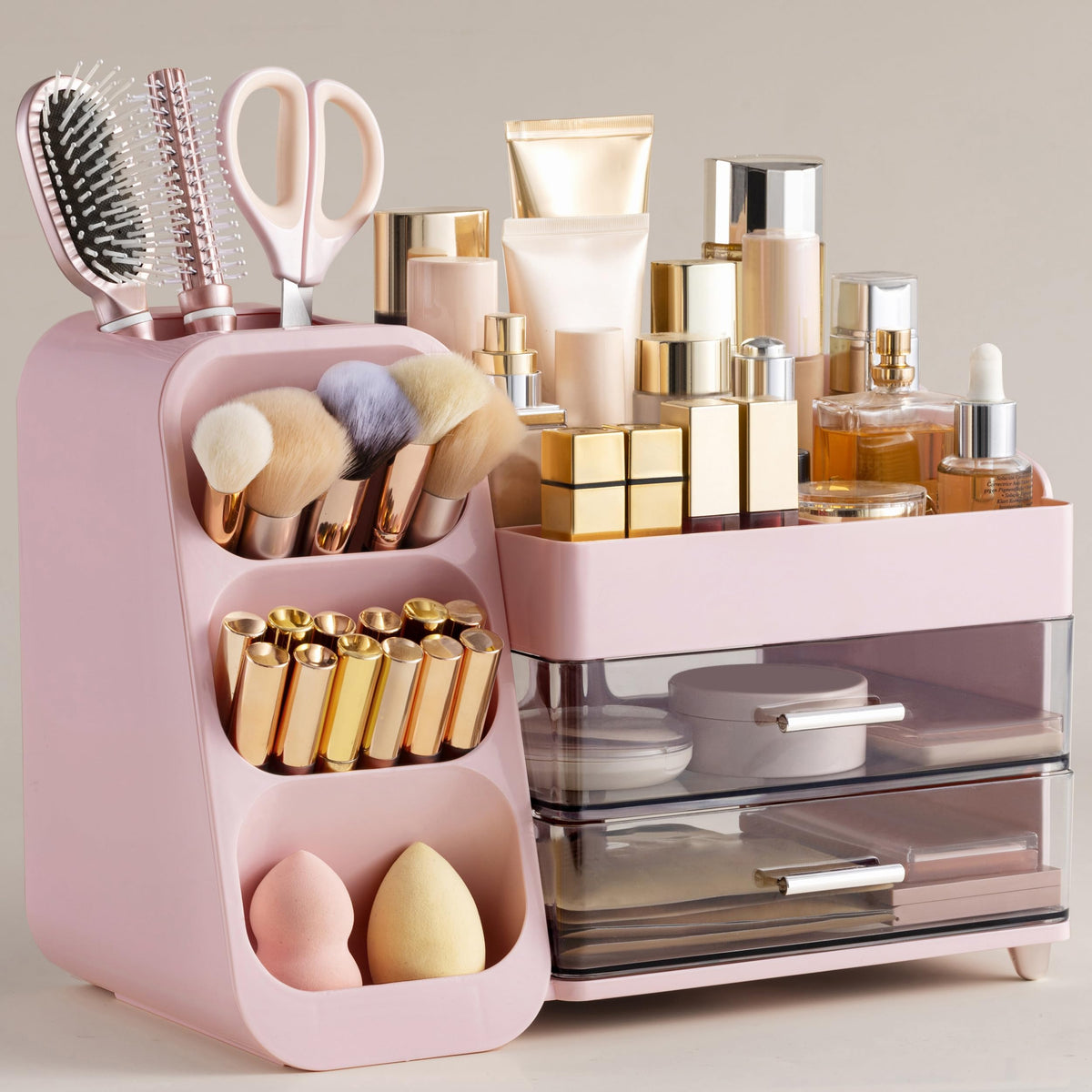HBlife makeup organizer with large capacity keeps brushes and palettes neatly stored.