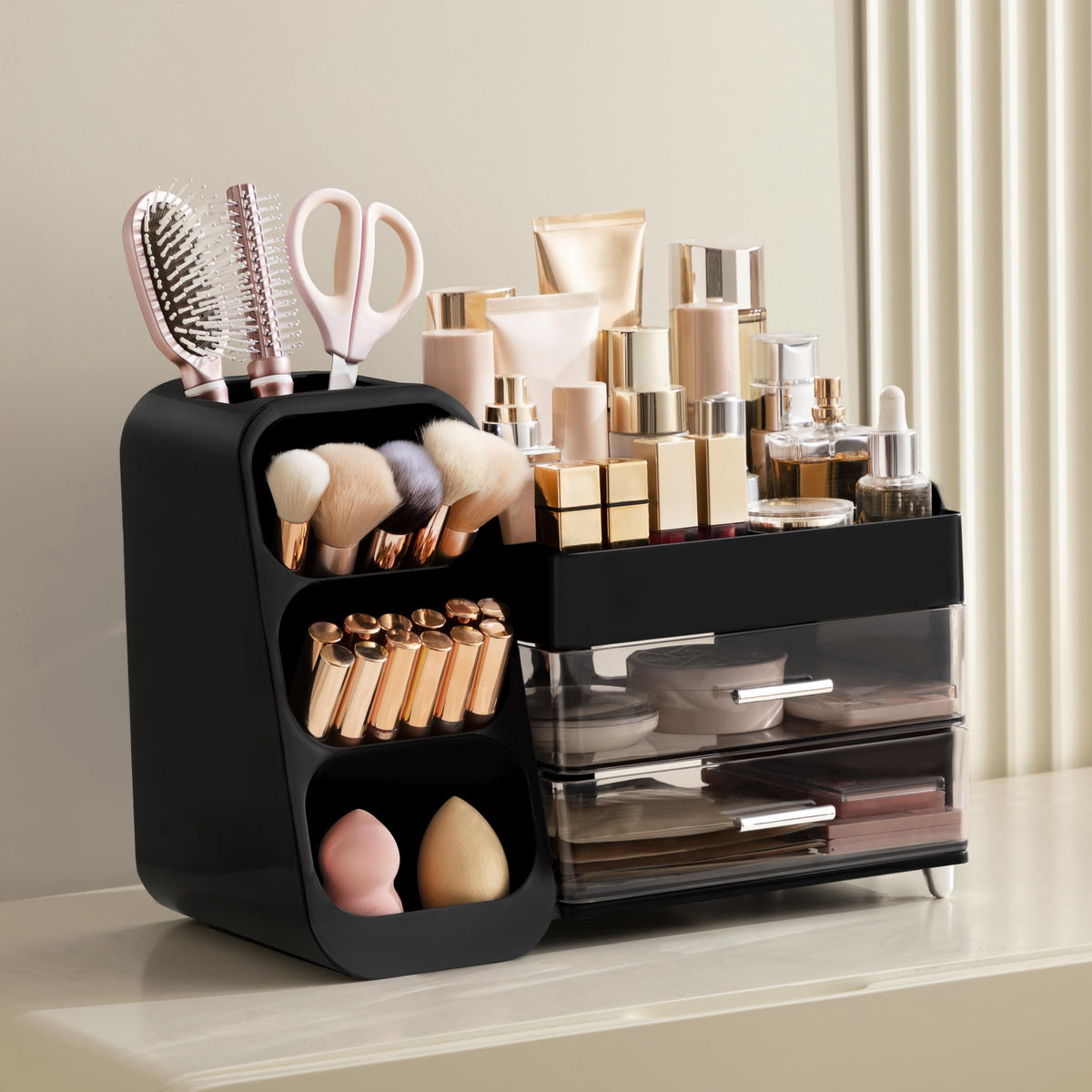 HBlife makeup organizer showing large capacity with drawers and top compartments