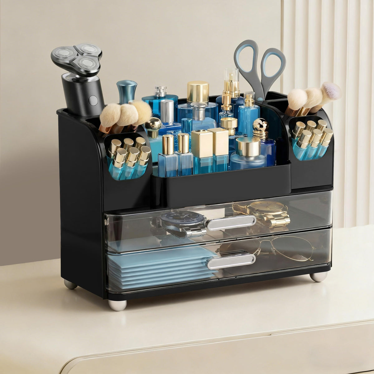 HBlife makeup organizer side brush slots help quick item identification.