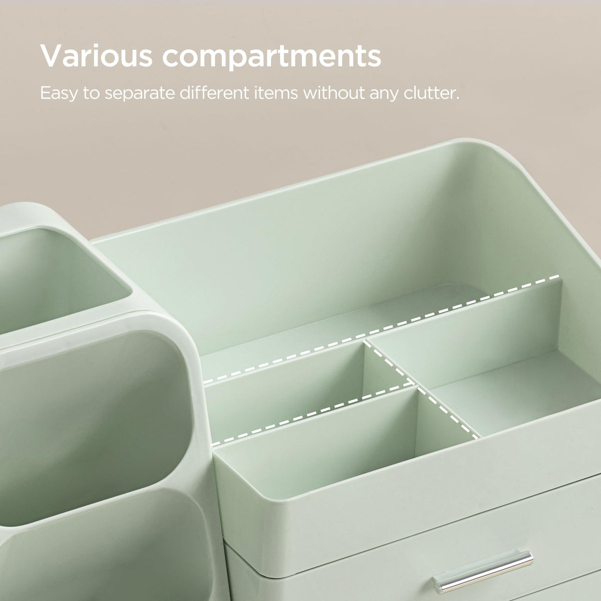 HBlife makeup organizer side view highlights compact countertop footprint.