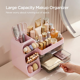 Skincare products sit neatly alongside cosmetics on the counter.