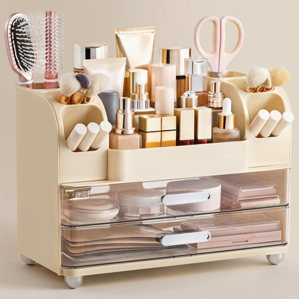 HBlife makeup organizer top compartment stores brushes and palettes for easy vanity access.