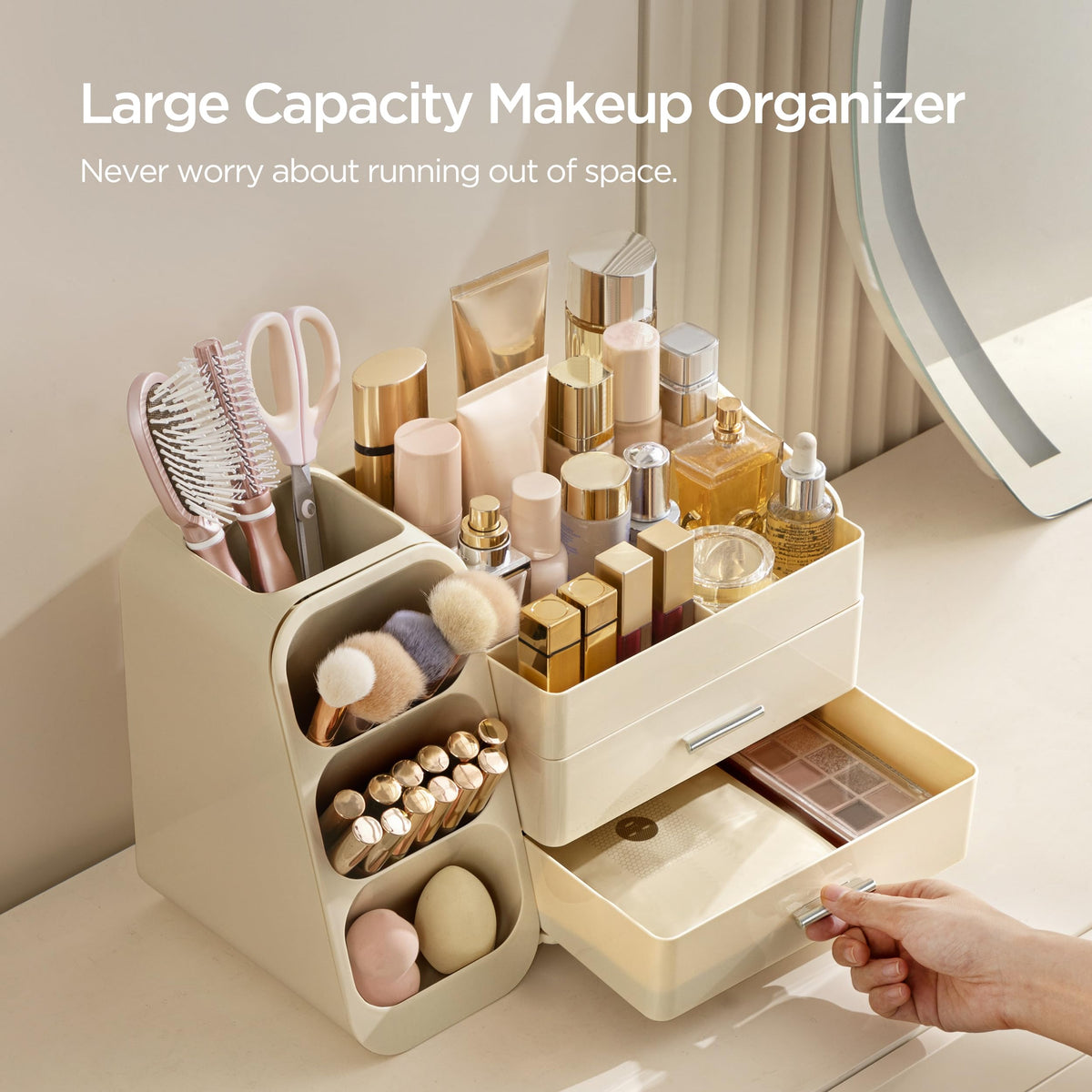 HBlife organizer top compartments and two drawers keep cosmetics organized.