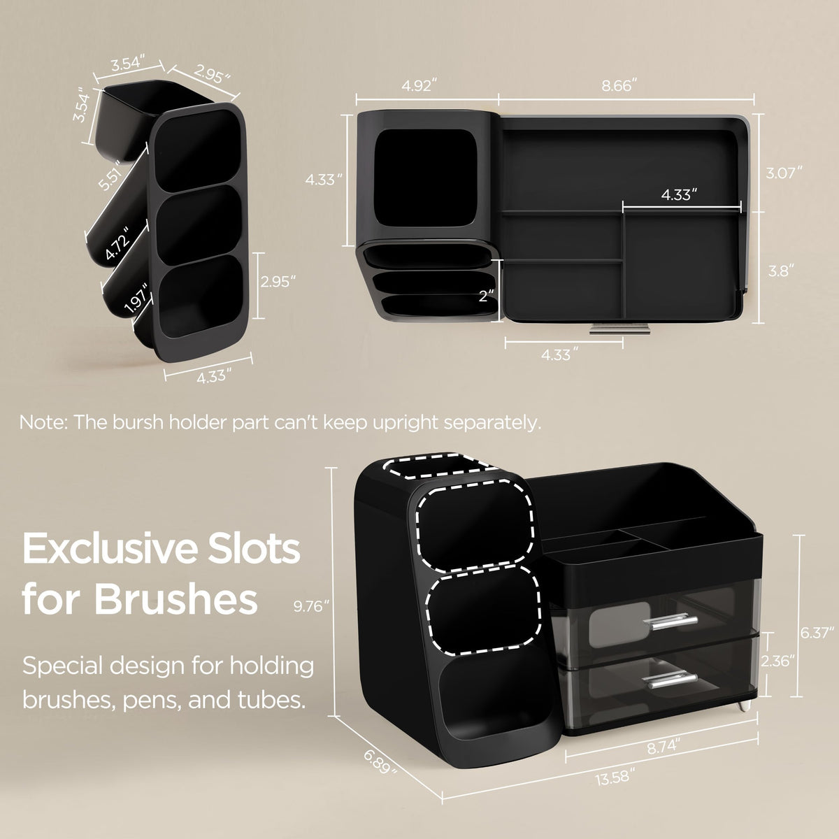 HBlife makeup organizer top compartments layout for palettes and bottles