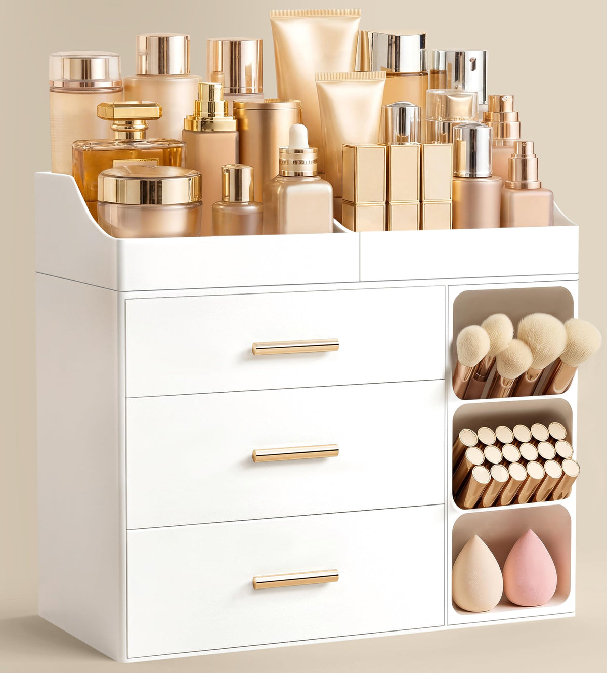 HBlife makeup organizer top compartments for brushes and palettes for easy access.
