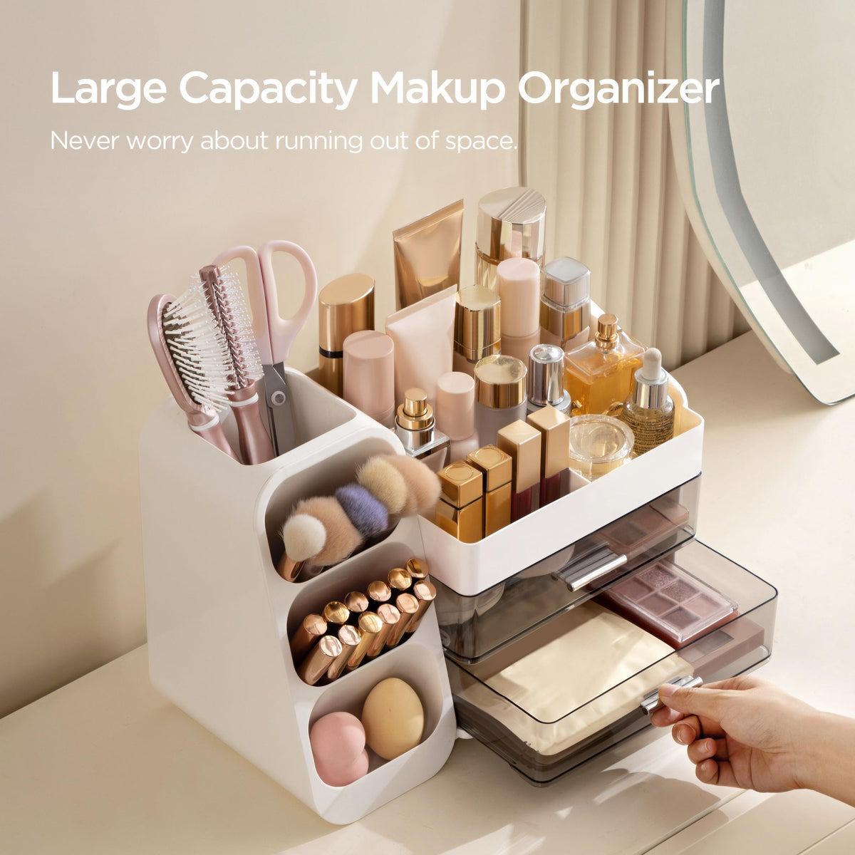 HBlife makeup organizer with large drawers and top compartments for clutter-free storage.