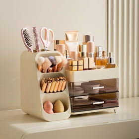HBlife makeup organizer with two drawers keeps cosmetics securely stored and organized