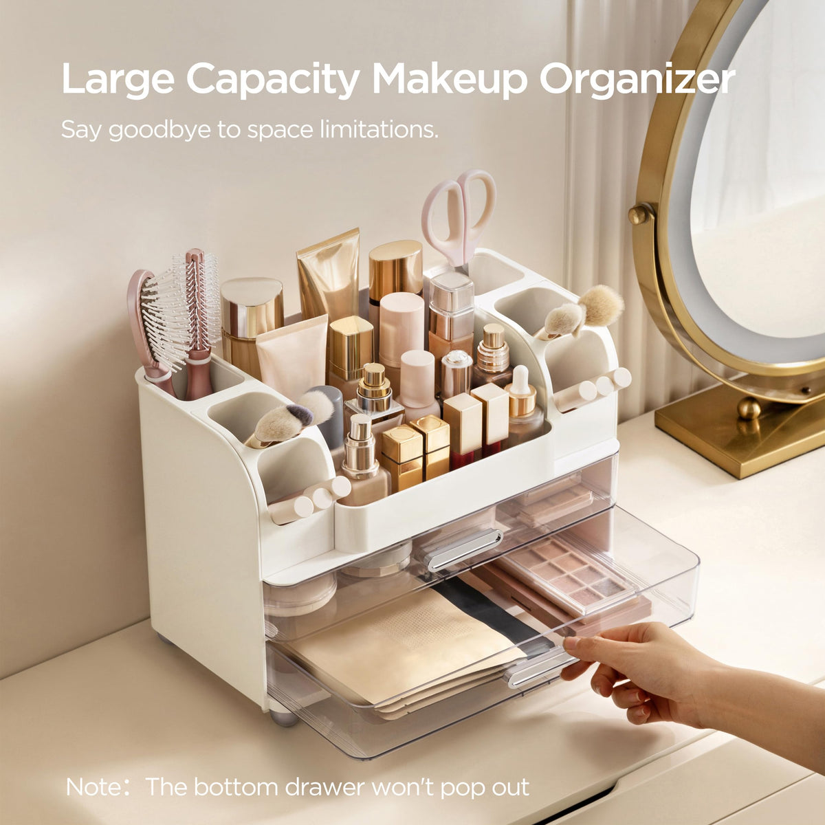 HBlife makeup organizer with two drawers stores lipsticks and small items neatly