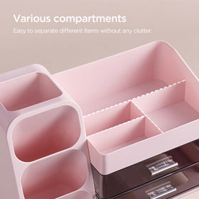 Compact unit fits vanity or desk for organized routines.