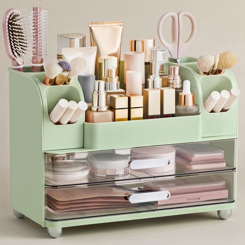 HBlife makeup organizer top compartment for easy brush access.