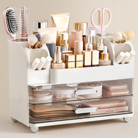 HBlife makeup organizer top compartment keeps brushes and palettes within reach