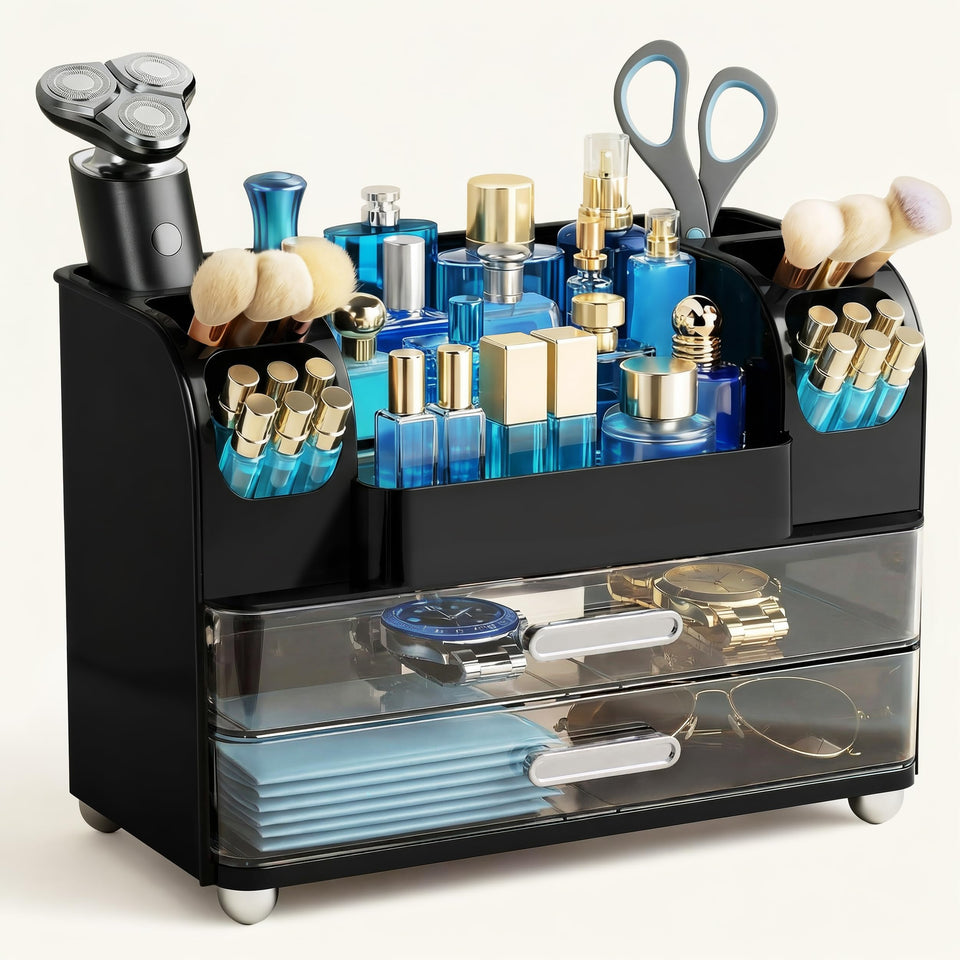HBlife makeup organizer top compartment for easy access to cosmetics.