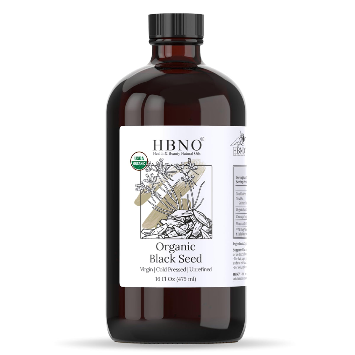 HBNO Organic Black Seed Oil bottle front view, ideal for skincare and hair care routines.
