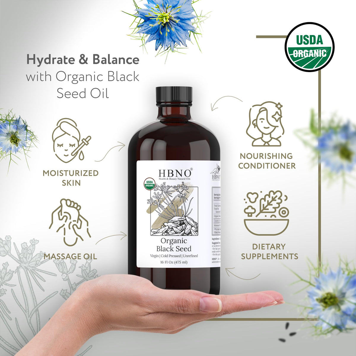 HBNO Black Seed Oil pour demonstrates easy topical usage for daily care.