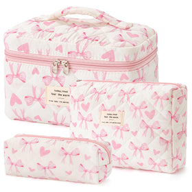 HBselect quilted makeup bag with floral large interior, ideal for full makeup kit on trips.