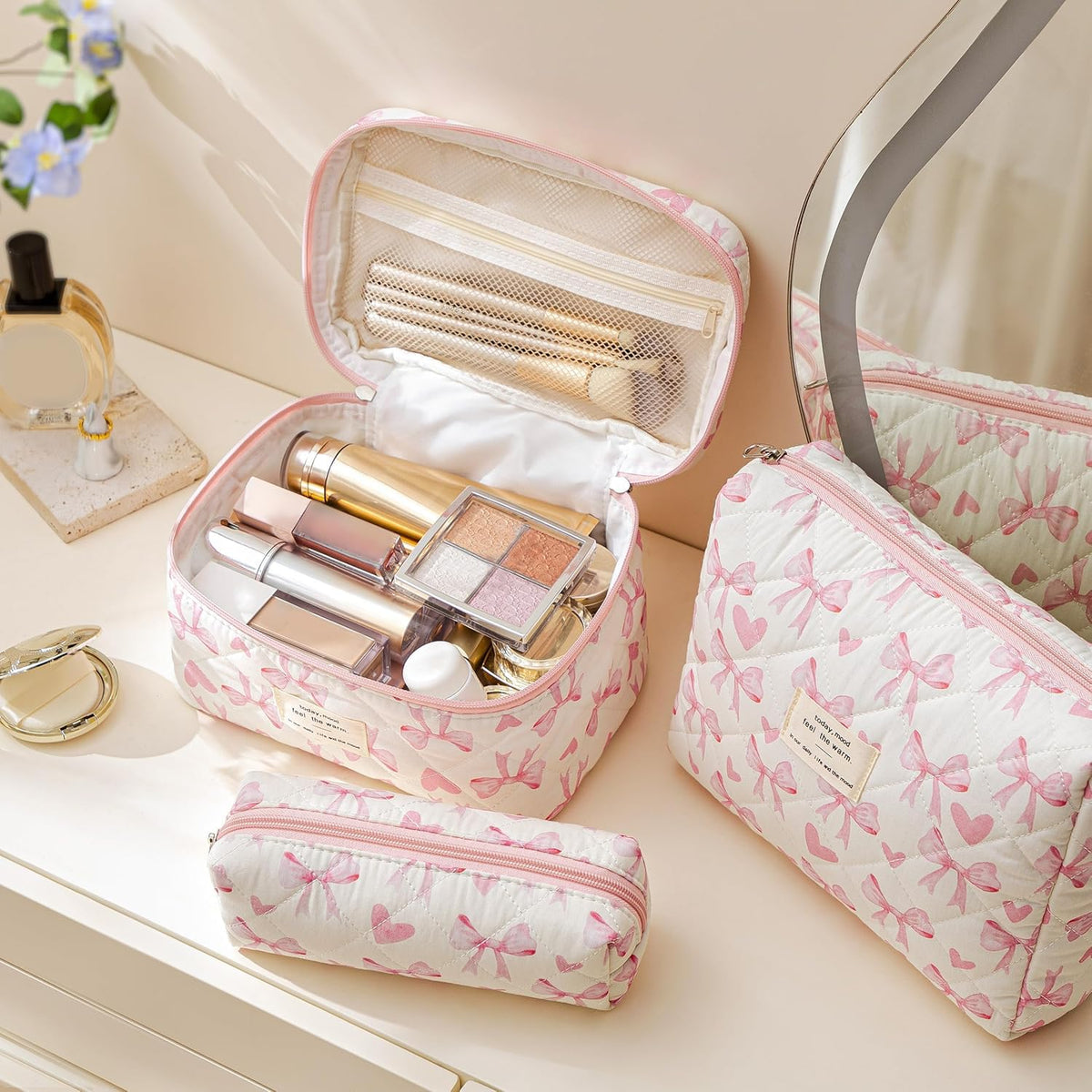 HBselect quilted makeup bag floral medium, compact carry for essentials in handbag.
