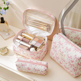 HBselect quilted makeup bag floral medium, compact carry for essentials in handbag.