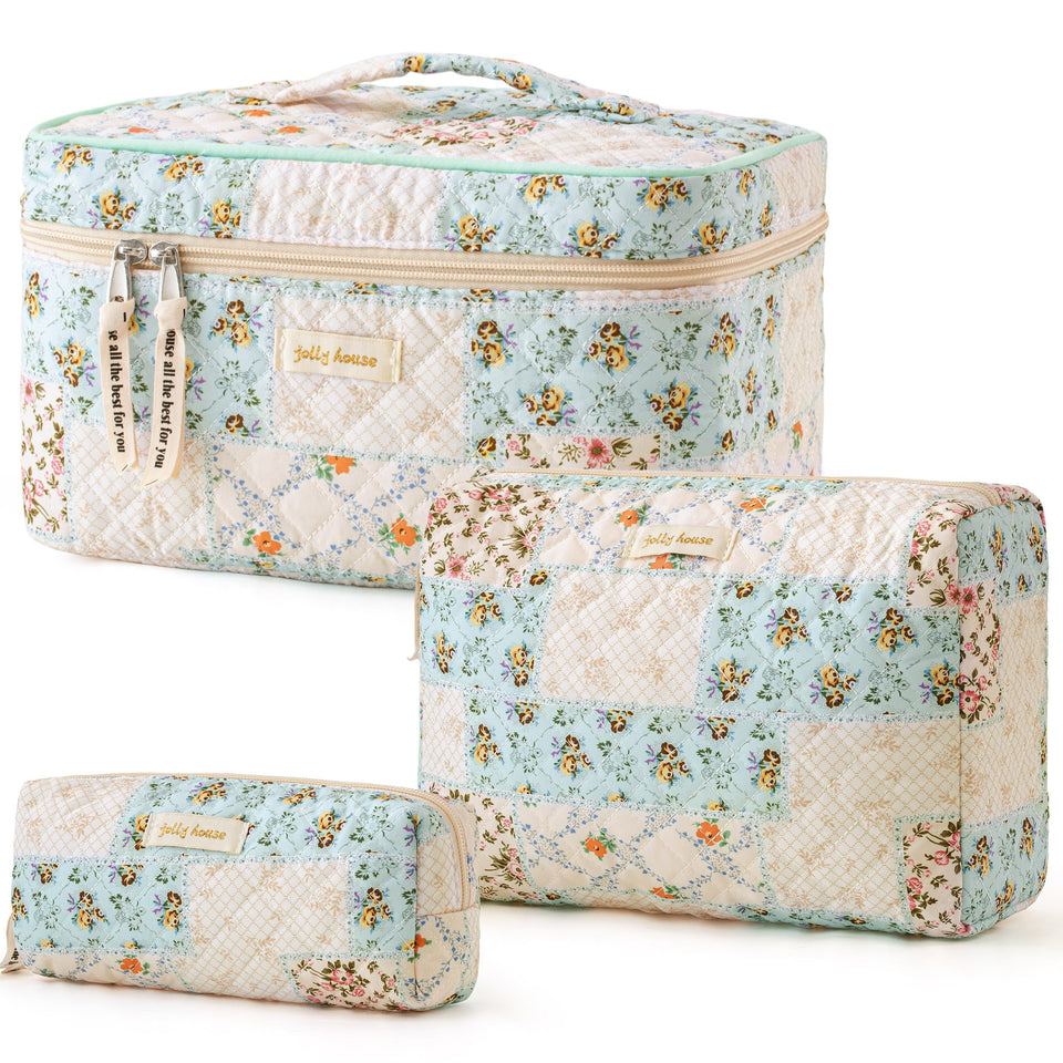 HBselect quilted makeup bag with floral pattern, ideal for travel cosmetics.