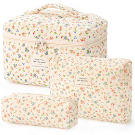 HBselect quilted makeup bag with floral pattern, spacious interior for cosmetics.