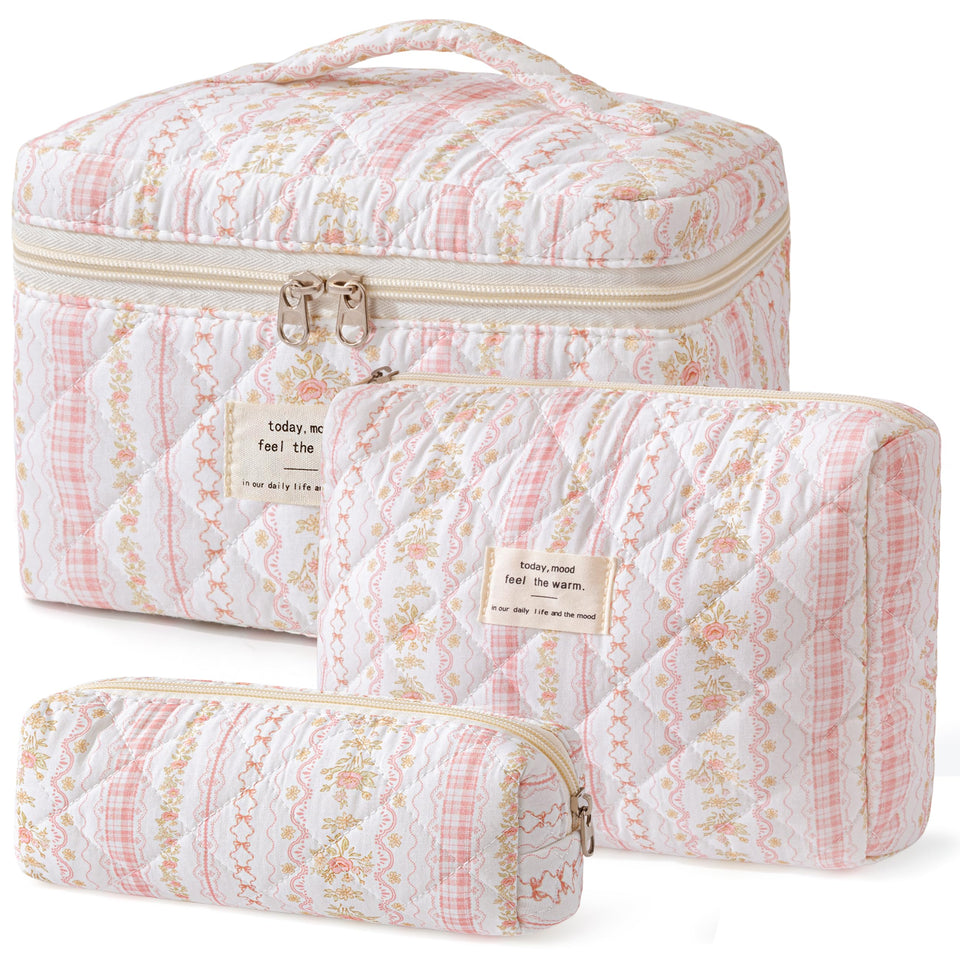 HBselect quilted makeup bag with floral pattern, stylish set for cosmetics storage