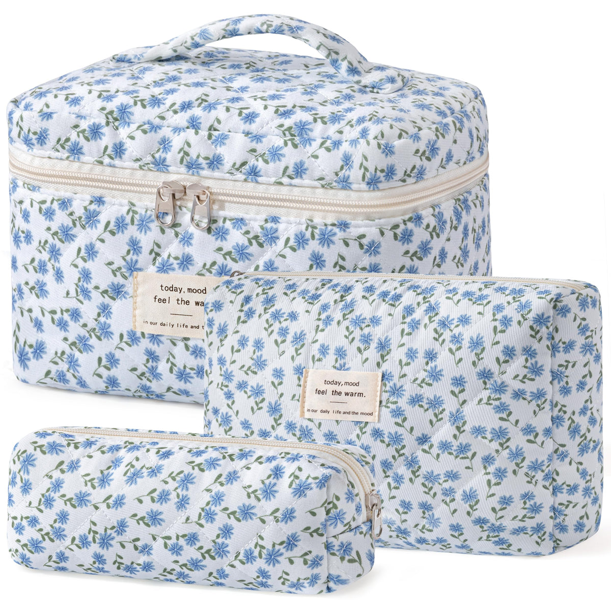 HBselect quilted makeup bag set flatlay with floral pattern and organized cosmetics.