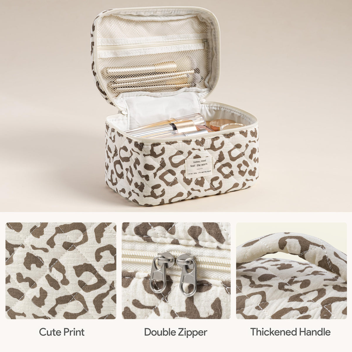 HBselect makeup bag with gold zipper detail for easy access.