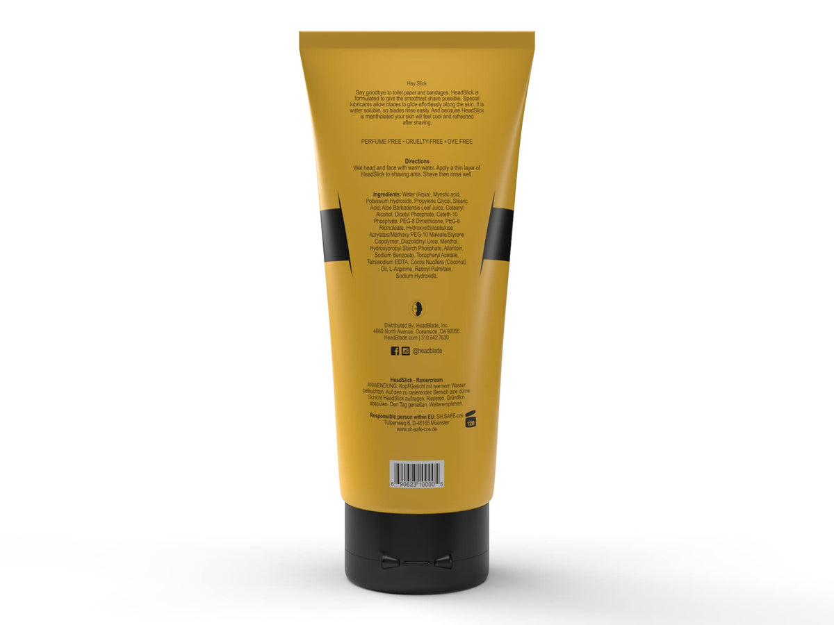 HeadBlade HeadSlick 8oz cream bottle highlights rich glide for a comfortable shave.