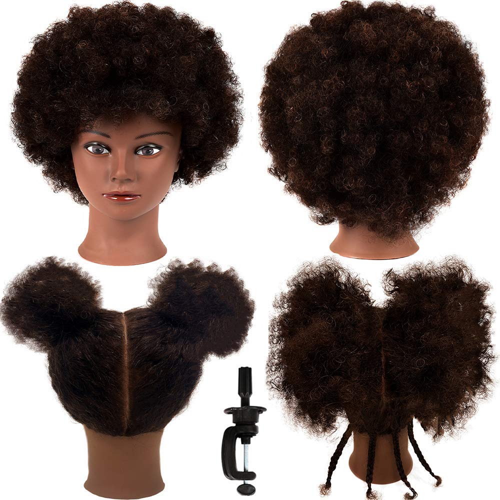 Headdoll Afro curly mannequin head with 100% human hair for lifelike practice.