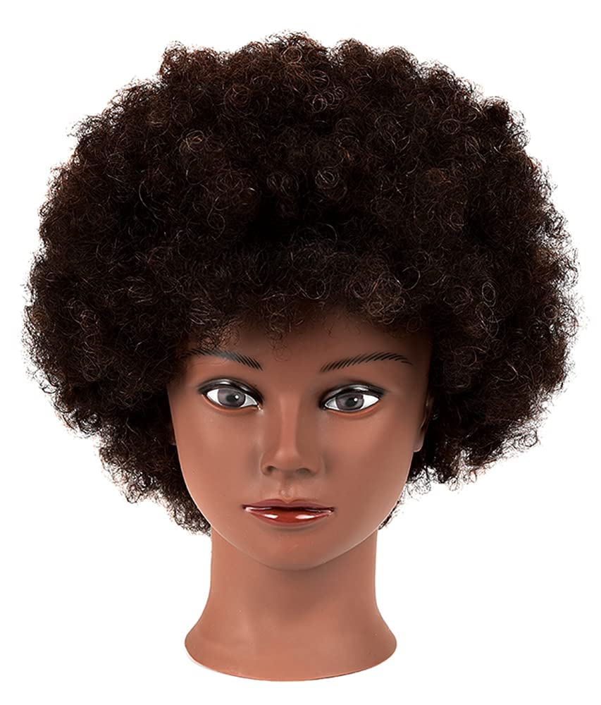 Headdoll Afro curly mannequin head for dyeing and bleaching demonstrations with natural texture.