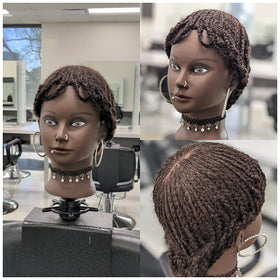 Headdoll Afro curly mannequin head designed for professional cosmetology training.