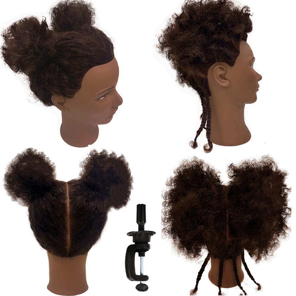 Headdoll Afro curly mannequin head supports curling and straightening practice.