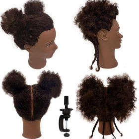 Headdoll Afro curly mannequin head supports curling and straightening practice.