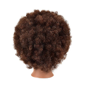 Headdoll Afro curly mannequin head shown with table clamp stand for easy use.