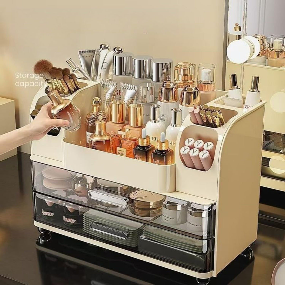 Heaime cosmetic display case showcases skincare and cosmetics neatly