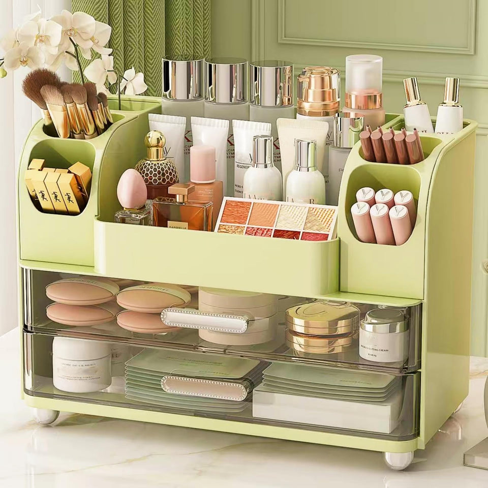 Heaime makeup organizer top view in green offers easy access to daily cosmetics.