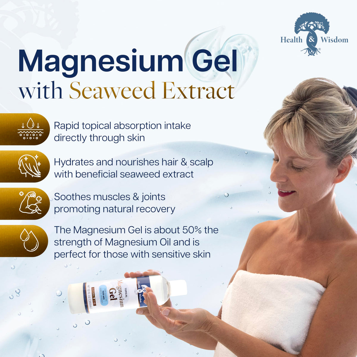Health and Wisdom Pure Magnesium Gel being applied to skin for soothing relief.