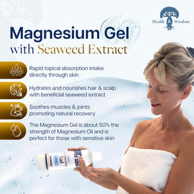 Health and Wisdom Pure Magnesium Gel being applied to skin for soothing relief.