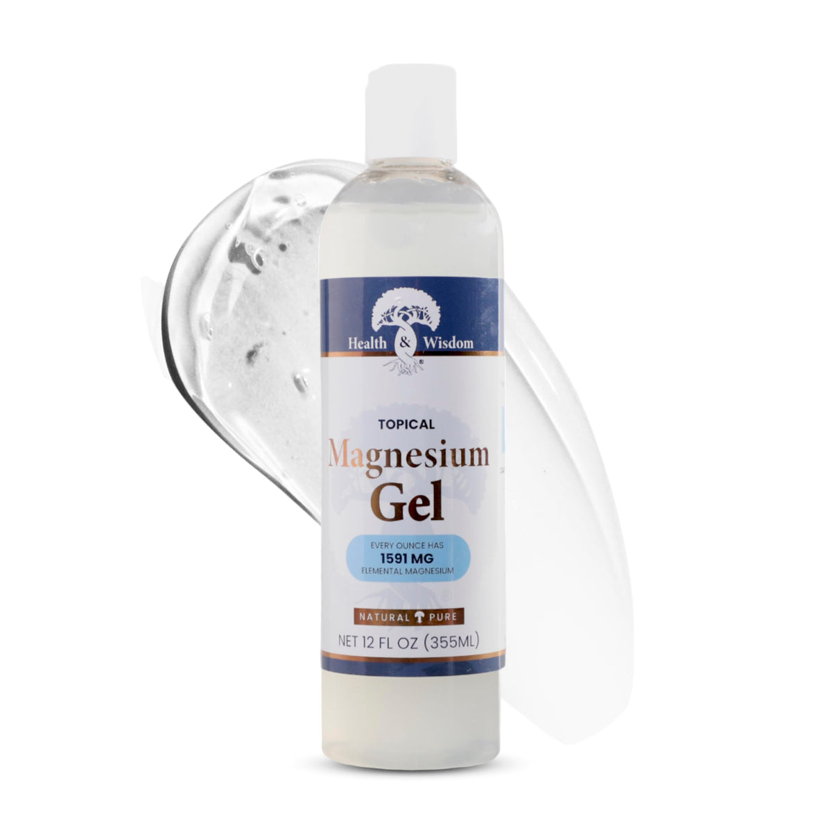 Health and Wisdom Pure Magnesium Gel bottle for topical relief and hydration.