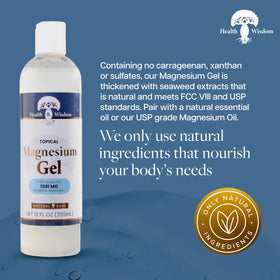 Health and Wisdom Pure Magnesium Gel with seaweed extract for deep skin hydration.