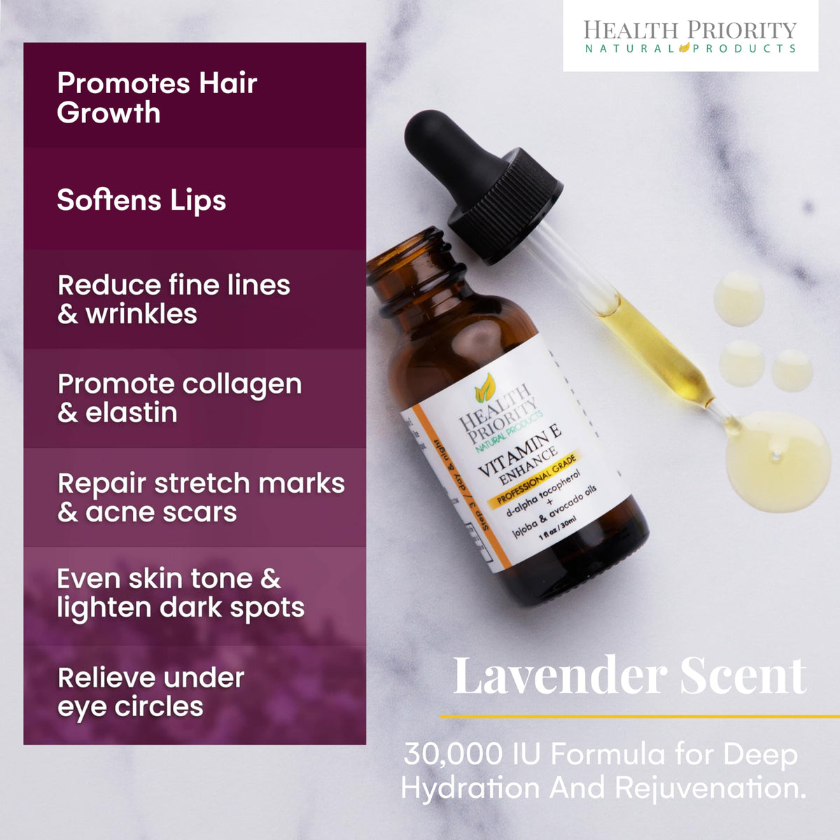 Lavender scented Health Priority Natural Products oil bottle evokes calm