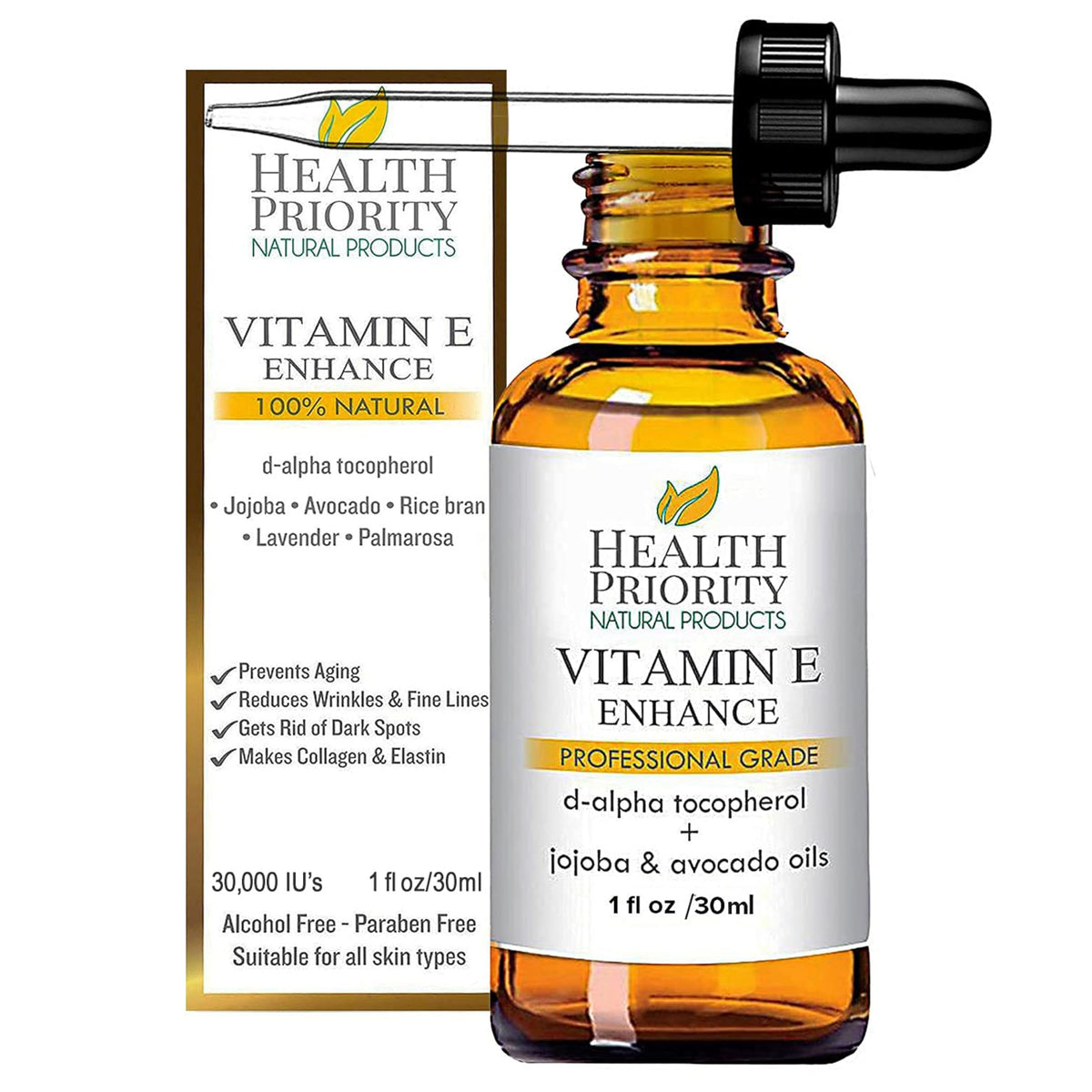 Health Priority Natural Products Vitamin E Oil bottle close-up highlighting nourishing skin care