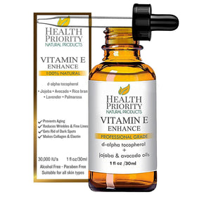 Health Priority Natural Products Vitamin E Oil bottle close-up highlighting nourishing skin care