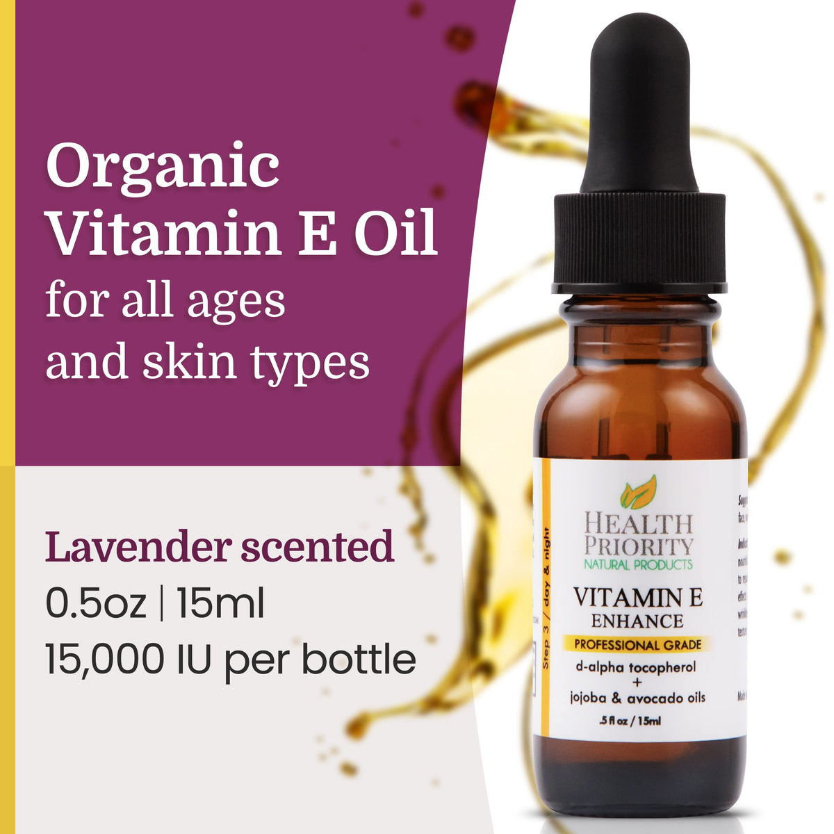 Health Priority Naturals Vitamin E Oil, 15,000 IU, bottle presentation for skin and hair care.