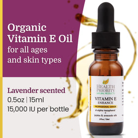 Health Priority Naturals Vitamin E Oil, 15,000 IU, bottle presentation for skin and hair care.