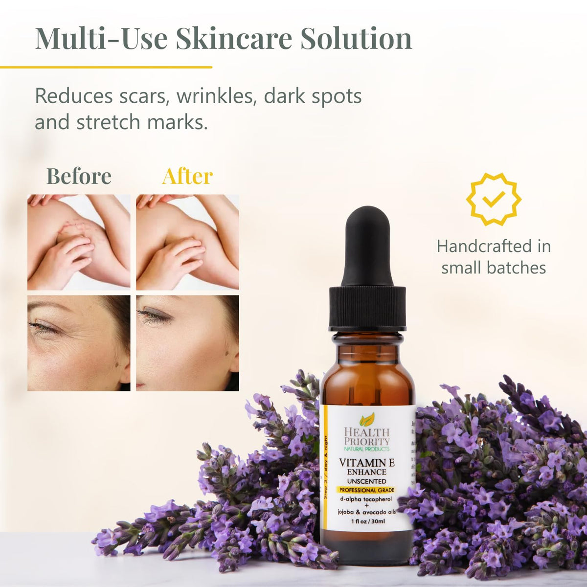 Health Priority Naturals Vitamin E oil dropper applying to skin.