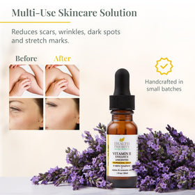 Health Priority Naturals Vitamin E oil dropper applying to skin.